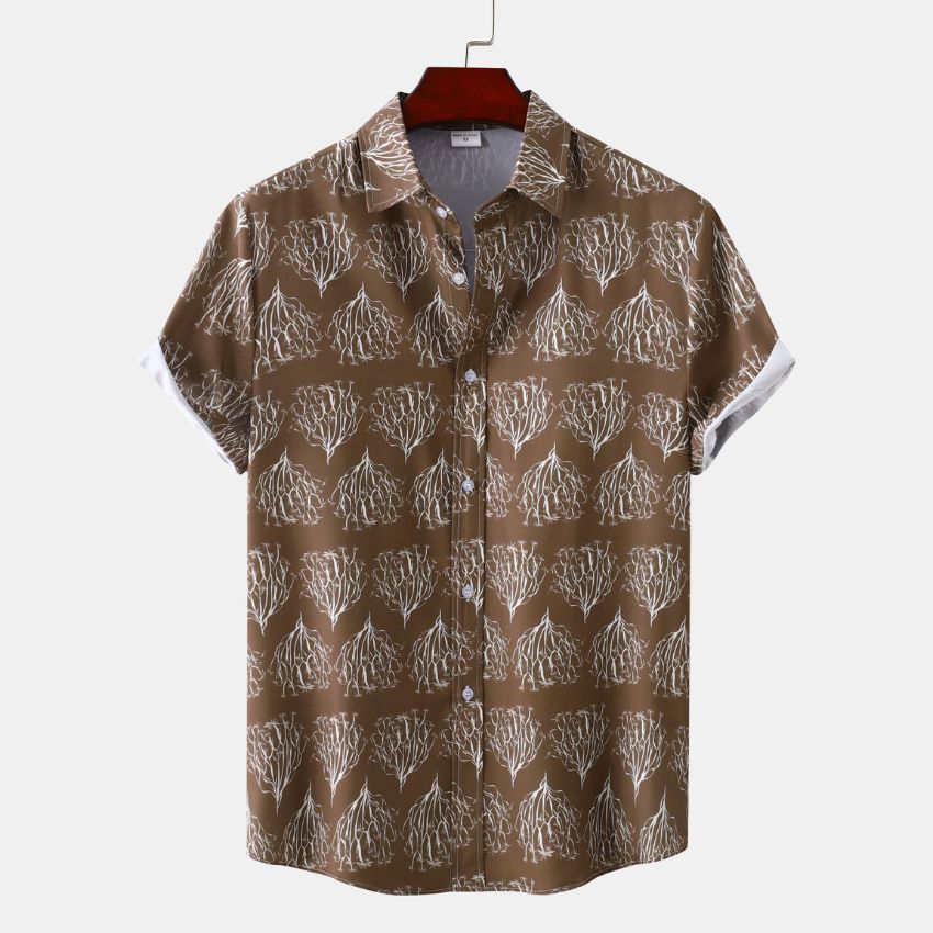 Men’s Brown Short-Sleeve Button-Up Shirt with White Botanical Pattern