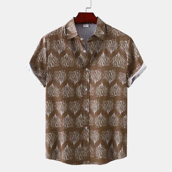 Men’s Brown Short-Sleeve Button-Up Shirt with White Botanical Pattern