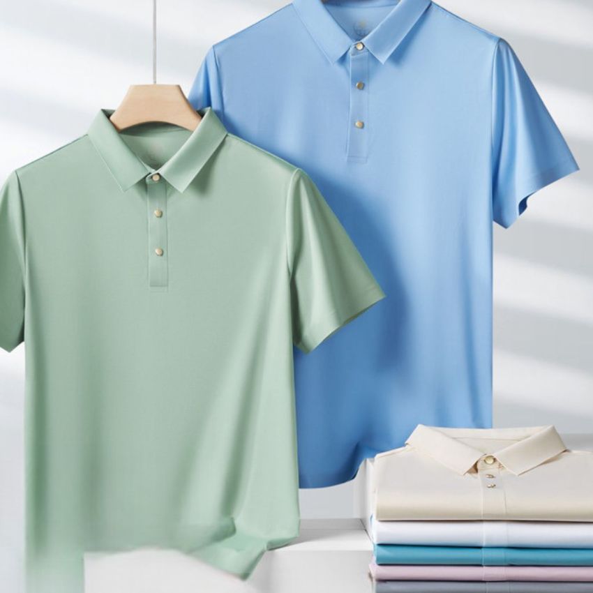 Men’s Seamless Glue Trendy Solid Color Polo Short Sleeve Shirt Light Grey
