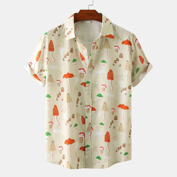 Casual Mushroom Printed Short Sleeve Turn Down Collar Shirt Mens