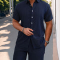 Casual Navy Blue Textured Shirt Shorts Set Turn Down Collar Mens