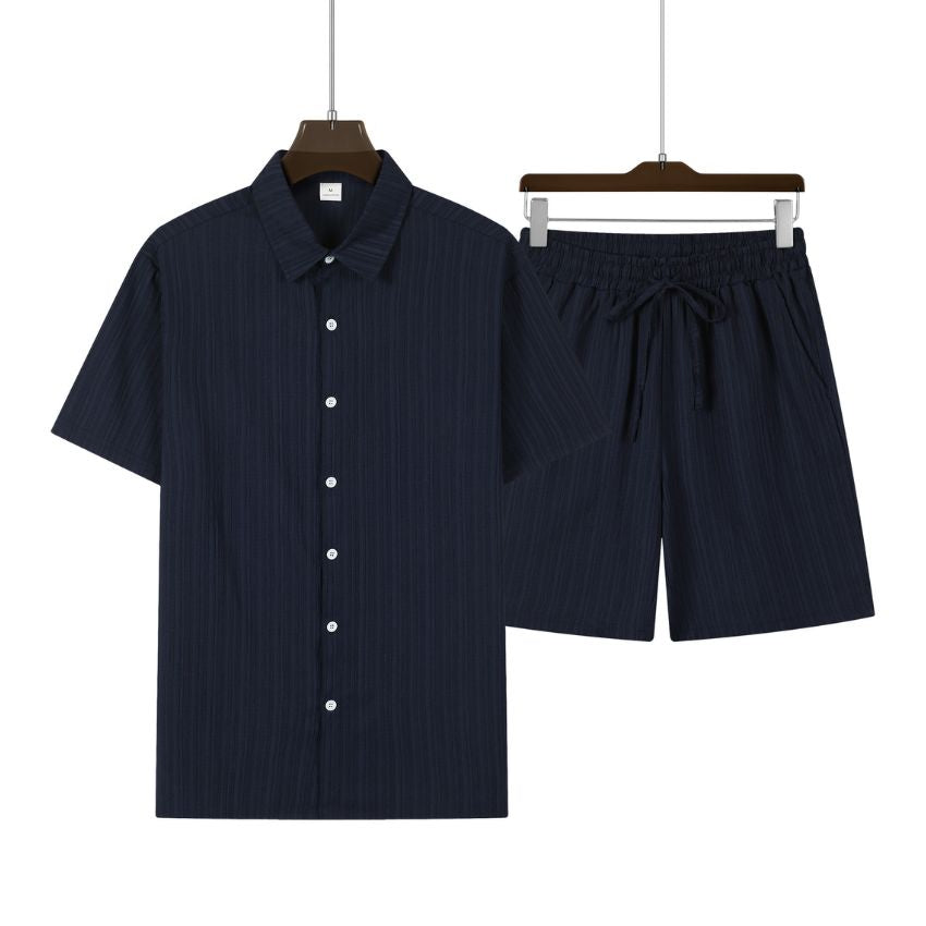 Casual Navy Blue Textured Shirt Shorts Set Turn Down Collar Mens