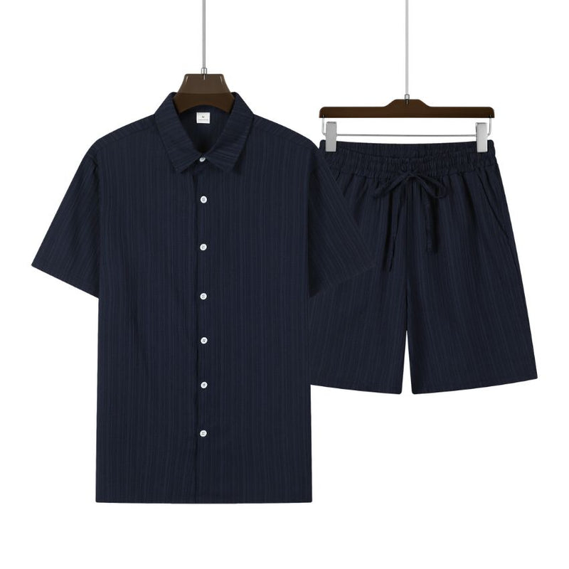 Casual Navy Blue Textured Shirt Shorts Set Turn Down Collar Mens