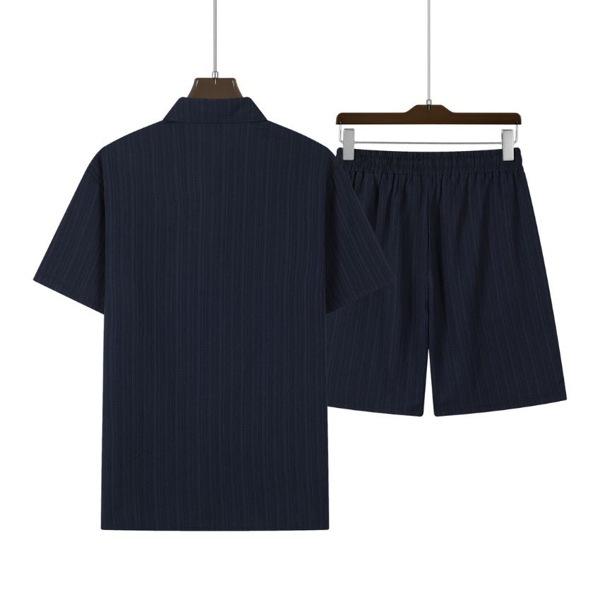 Casual Navy Blue Textured Shirt Shorts Set Turn Down Collar Mens