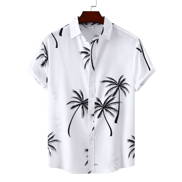 Men’s Summer Tropical Palm Print Short-Sleeve Button-Up Casual Shirt - White