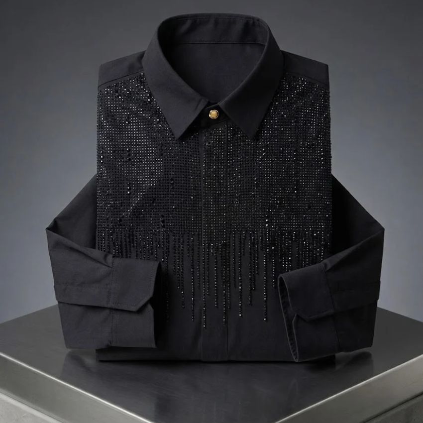 Men’s Luxury White Crystal-Embellished Long Sleeve Shirt
