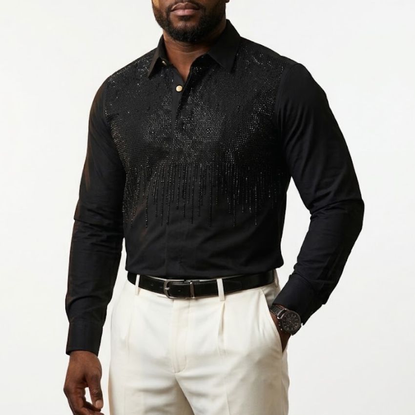Men’s Luxury White Crystal-Embellished Long Sleeve Shirt