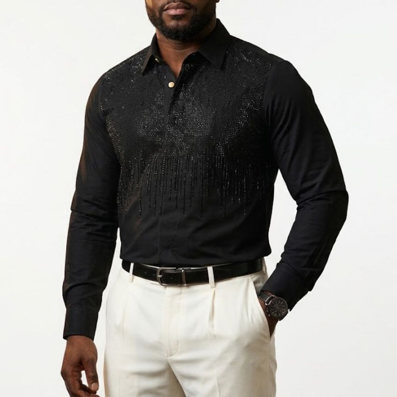 Men’s Luxury White Crystal-Embellished Long Sleeve Shirt