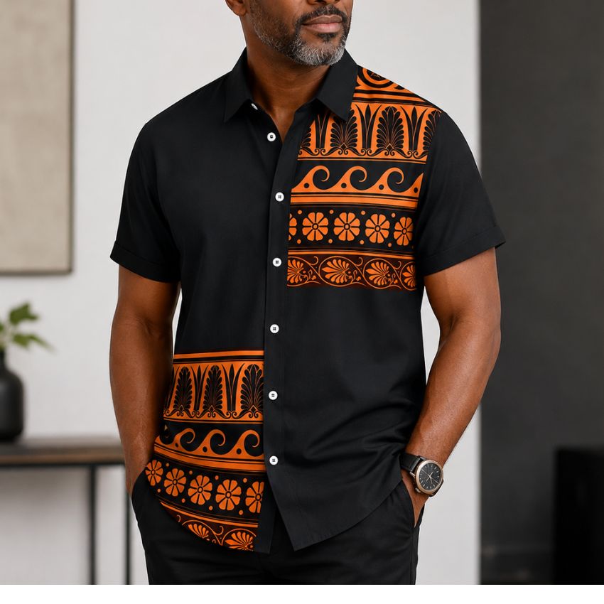 Men's Black & Orange African Print Short Sleeve Shirt