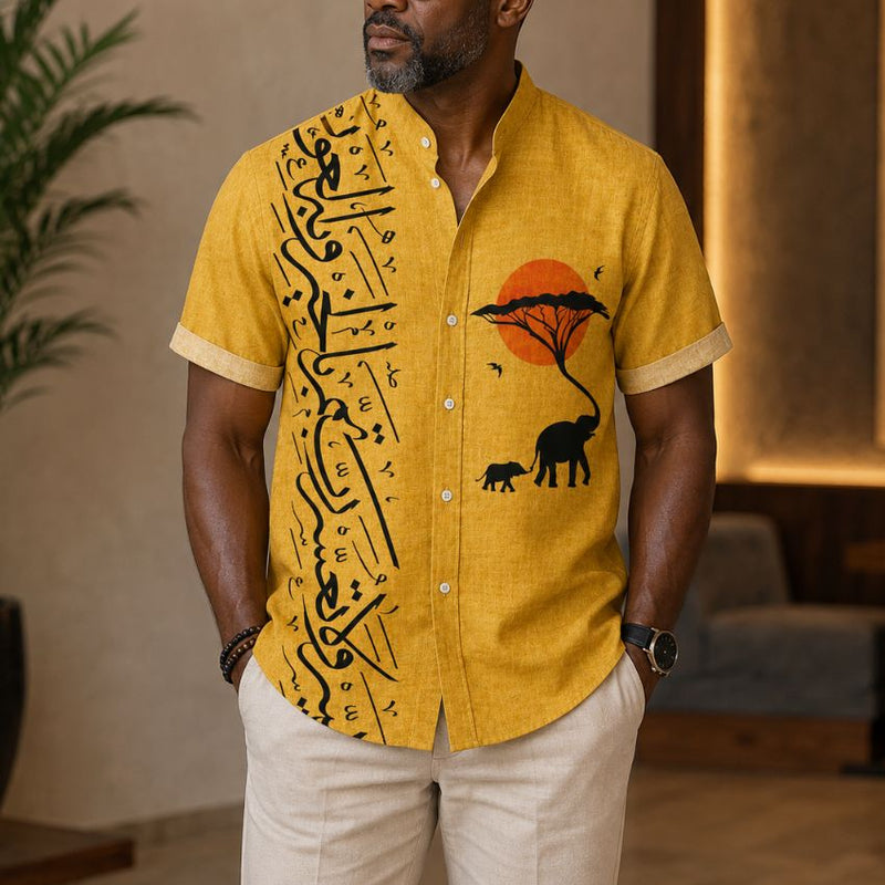 Men's Mustard African Print Short Sleeve Shirt – Safari & Calligraphy Design